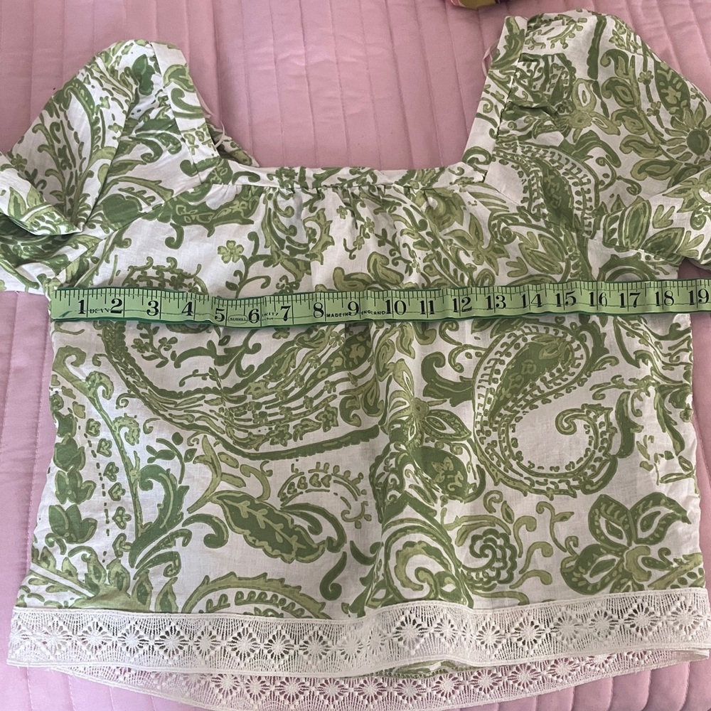 Nicole Miller square neck floral 3/4 sleeve summer boho top w crochet trim EUC M - Picture 8 of 11